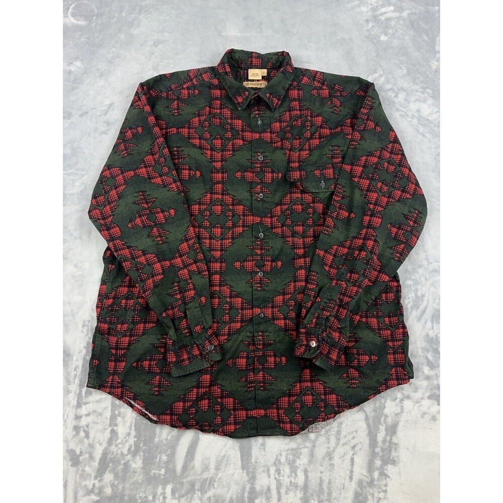 Vintage Ruff Hewn Flannel Shirt Mens Large Southwest Aztec Geometric Red Green